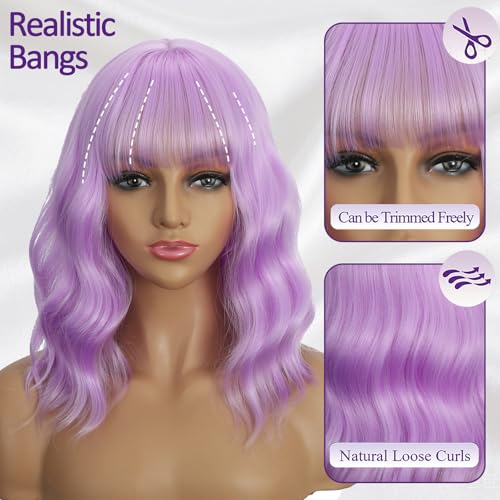 Mxayhnajxl Purple 14 Inch Wavy Bob Wig with Bangs for Women - Cosplay & Daily Use