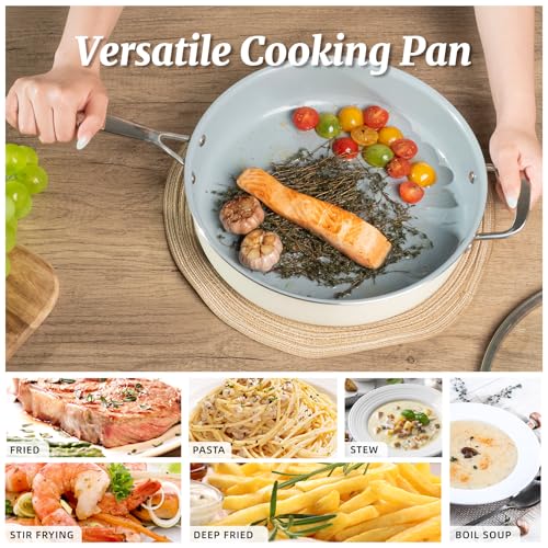 Cream White Nonstick 12-Inch Deep Frying Pan with Lid - 5 QT Sauté Pan for Induction Cooking