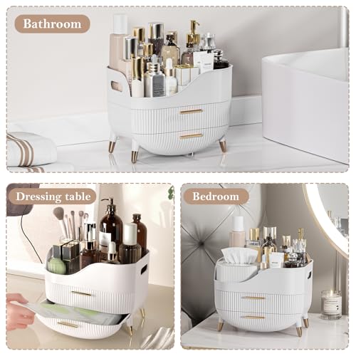 Makeup Organizer for Vanity, Large Capacity Skincare Cosmetic Organizer Countertop with 2 Drawers, Cosmetic Display Cases Makeup Storage Box for Bedroom, Bathroom, Ideal Gifts for Women(White)