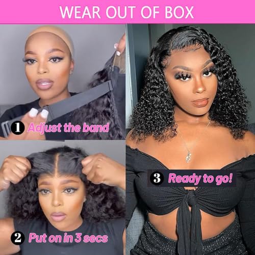Glueless Human Hair Curly Bob Wig 10 Inch Deep Wave Pre Plucked Natural Black