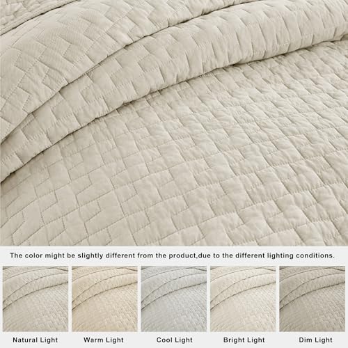 California King Cotton Quilt Set with Pillow Shams - Block Beige, Textured Oversized Bedspread