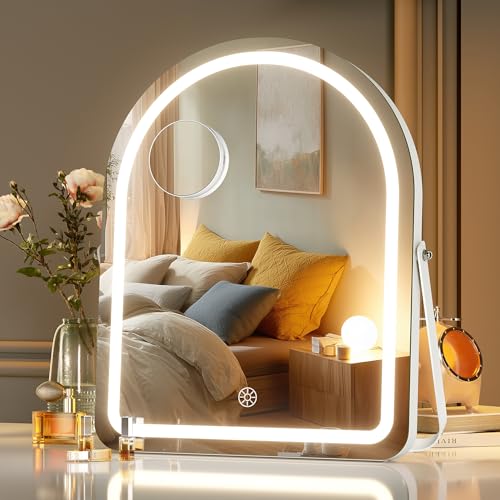 MINISO Vanity Mirror with Lights-12" x 14" Arched Makeup Mirror with 3 Color Lights, Adjustable Brightness,10X Magnification