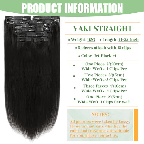 14 Inch Seamless Yaki Straight Clip-In Hair Extensions - Jet Black, 8Pcs, 115g