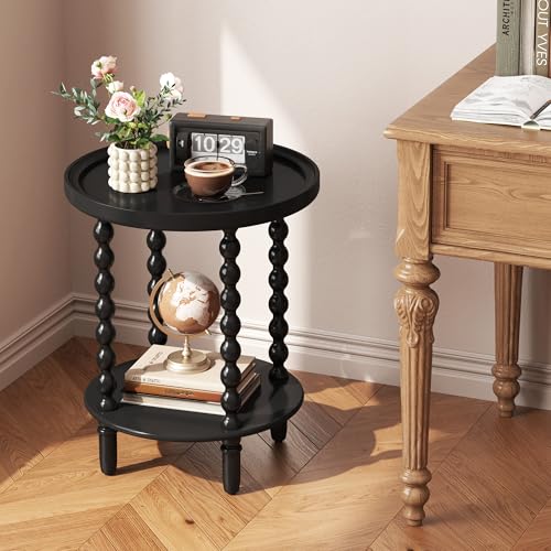 2-Tier Round Side Table with Storage Shelf Black Spindle Legs