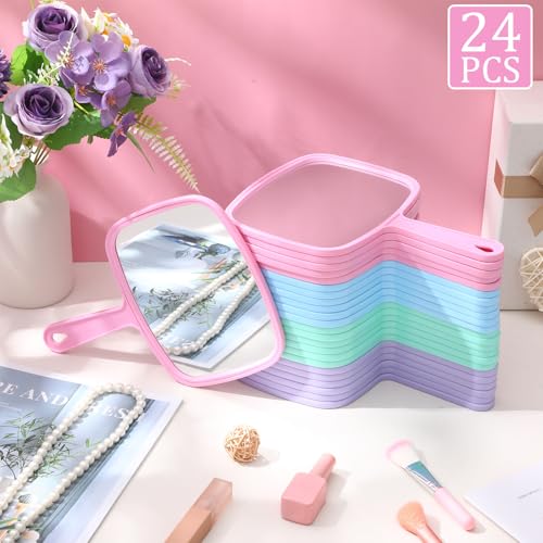 Geetery 24 Pcs Hand Held Mirrors with Handles Hand Makeup Mirrors Bulk Wall Mount for Women Cosmetic Bathroom Home Barber Salon Travel Portable Beauty School Gift, 6.69 x 9.45 Inch (Pastel)