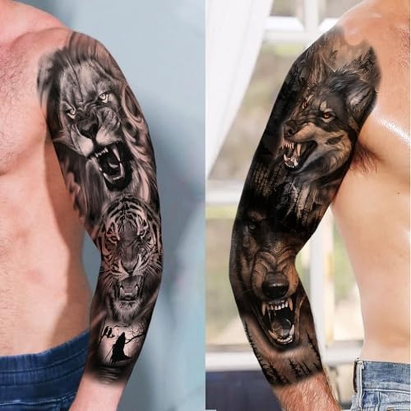 20 Sheets Wolf Beast Full Arm Temporary Tattoos For Men Women Thigh, Large Lion Tribal Eye Sleeve Tattoos For Adults, Long Lasting Temp Bulk Halloween Waterproof Fake Tattoo Stickers Nun Wolf Chicano