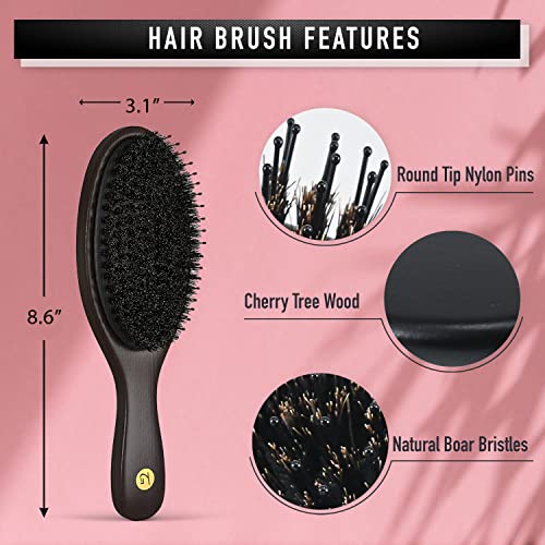 Cherry Wood Boar & Nylon Bristle Hair Brush for Men & Women - Natural Finish
