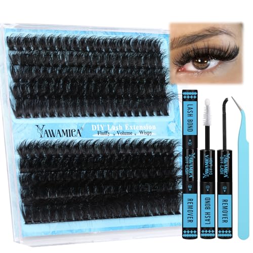 Yawamica Lash Extension Kit Fluffier 150D+200D Lash Clusters Eyelash Extension Kit 12-20mm Individual Lashes with Lash Bond, Lash Remover, Lash Tweezers for DIY Lashes Extension(150D+200D-12-20MM Kit)