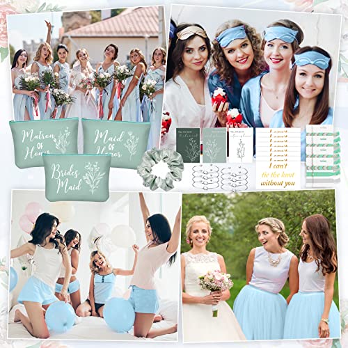 Cunno 48 Pcs 8 Sets Bridesmaid Proposal Gifts Bulk Wedding Will You Be My Maid of Honor Matron of Honor Bridal Shower Makeup Bags Scrunchies Bracelets Cards for Wedding Bridesmaids(Green)
