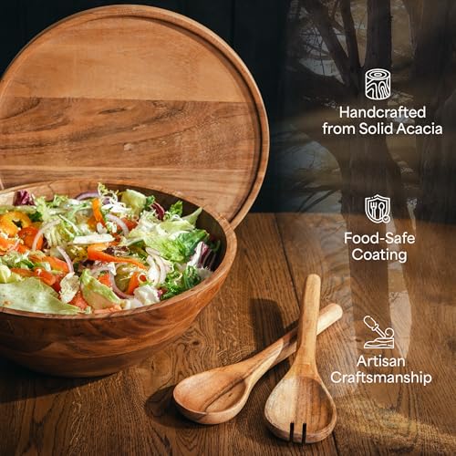 Public House Natural 12.5 Inch Wooden Salad Bowl Set with Utensils, Lid & Carry Strap