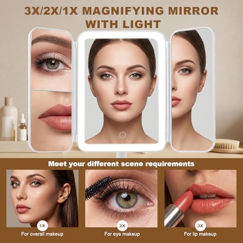 Rechargeable Trifold Makeup Mirror with Lights & Suction - 3X/2X/1X Magnification, 360° Rotation, Portable Vanity for Travel & Bedroom