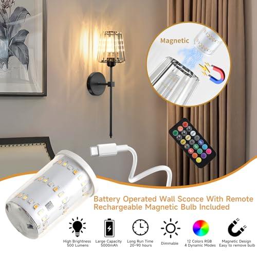 Black Battery Operated Crystal Wall Sconce Set of 2 with Remote & 12 Colors
