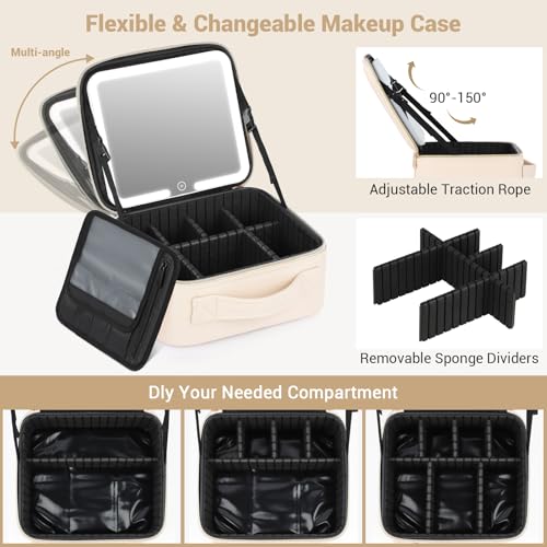 Travel Makeup Bag with Lighted LED Mirror & Adjustable Dividers
