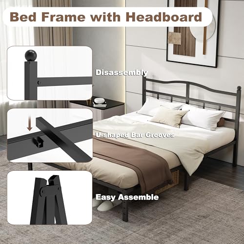 Queen Bed Frame with Headboard - 14 Inch Metal Platform Bed with Storage - Modern Black Finish - Easy Assembly, Noise-Free