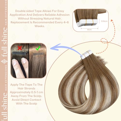 Full Shine Tape-In Hair Extensions Brown Caramel Blonde Ombre 12 Inch - Ash Brown to Ash Blonde Variation