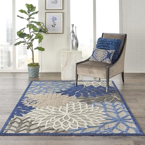Outdoor Indoor Floral Area Rug 6x9 Blue Multicolor Non-Shedding Textured