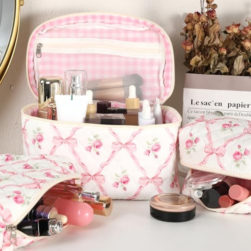 3Pcs Makeup Bag Set,Quilted makeup bag,Floral Cosmetic Bag for Women, Cute Cotton Cosmetic Bag, Wide-open Easy to Take, Flower Toiletry Organizer Bag