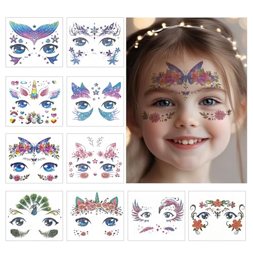 Konsait 10 Sheets Glitter Face Tattoos Animal Fake Tattoos for Girls Face Makeup Tattoo Mermaid Butterfly Temporary Face Tattoo Birthday Halloween Makeup Stickers Party Favors