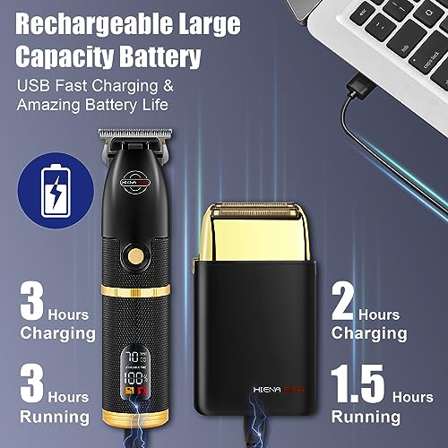 HIENA PRO Hair Trimmers and Foil Shaver for Men Kit,Men Professional Cordless Barbers Hair Clippers with LCD Display,Black Gold Zero Gapped Hair Trimmer, Double Foil Shaver