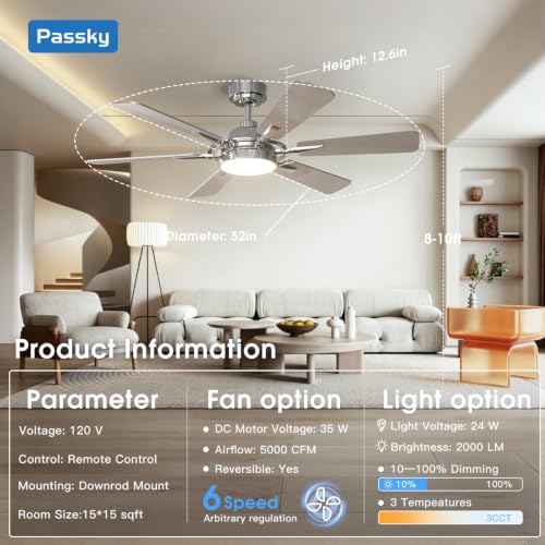 Passky 52 Inch Nickel Ceiling Fan with Lights & Remote - Modern 6-Blade Design