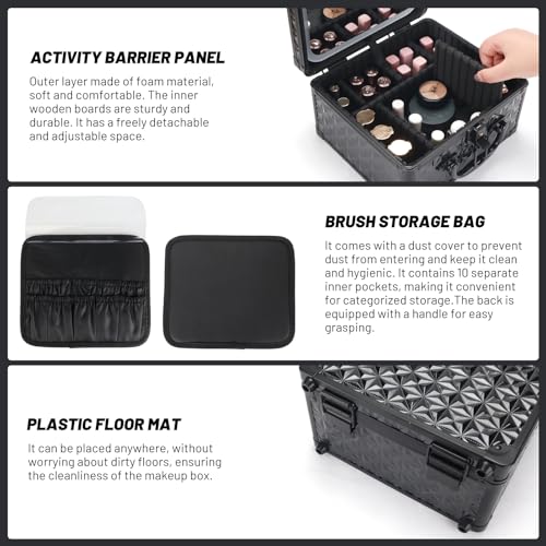 Makeup Case, Travel Train Case with Magnetic LED Mirror, Waterproof Cosmetic Organizer with Adjustable Divider, 3 Color Mode - Sparkling Black