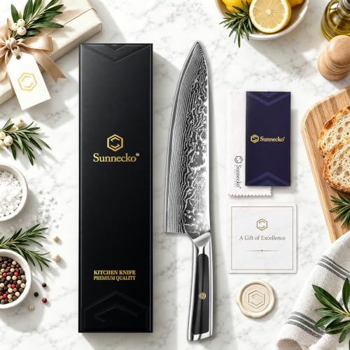 Sunnecko 8 Inch Japanese Damascus Chef Knife - VG10 Steel Razor Sharp Kitchen Knife