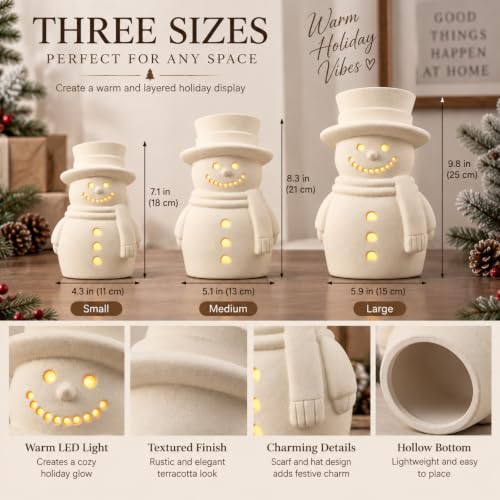 3-Piece Terracotta Snowman Christmas Decor with LED String Lights