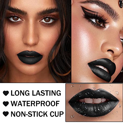 CAHIUYOA Black Matte Lipstick Lip Liner Set,Liquid Lipstick Lip Gloss Smudge Proof for Halloween Cosplay Goth Makeup,Waterproof and Long Lasting Black Lip Liner and Lipstick Set