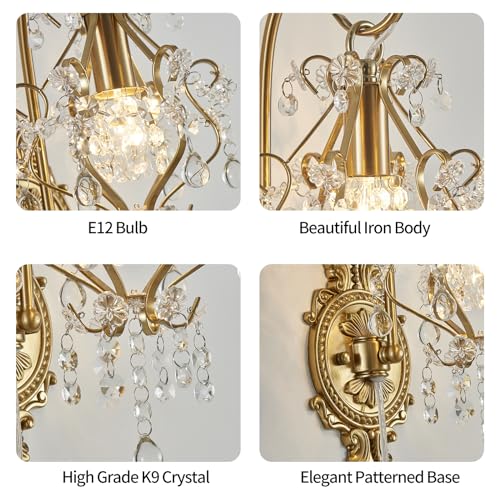 Plug-In Vintage Gold Crystal Wall Sconces Set of 2 – Fetason (2 Pack)