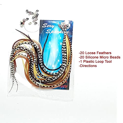 Rooster Feather Extensions Kit - 20 Real Feathers 8-11in with Micro Beads & Loop Tool