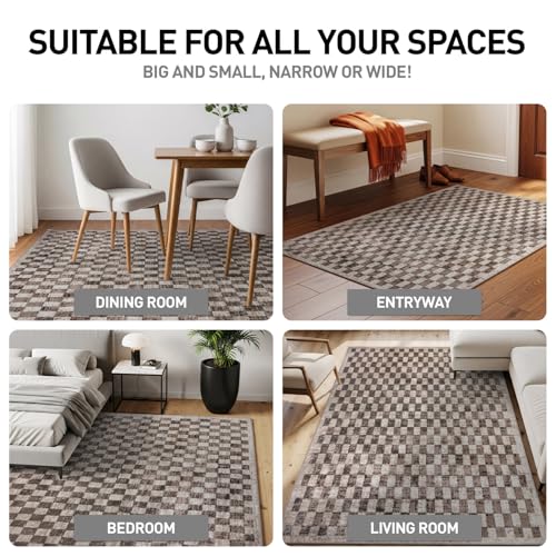 Beige Checkered Area Rug 5x7 ft Contemporary Geometric Textured Carpet for Living Room