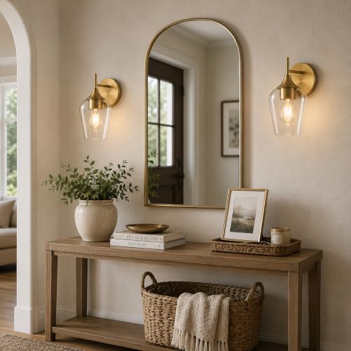 Hamilyeah Gold Brass Wall Sconce Set of 2 - Modern Vintage Bathroom & Bedroom Lighting with Champagne Glass Shades