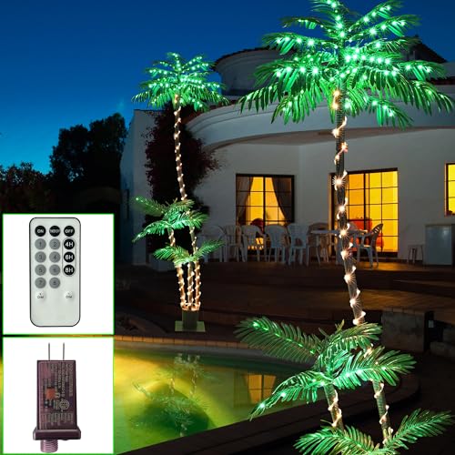 7FT Lighted Artificial Palm Tree with Three Trunks and 260 LEDs - Indoor & Outdoor Tiki Decor - Electric Variation