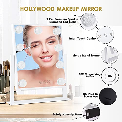 BWLLNI White-Diamond Vanity Makeup Mirror with Lights, 14.1"L x 11.8"W, 9 LED Bulbs