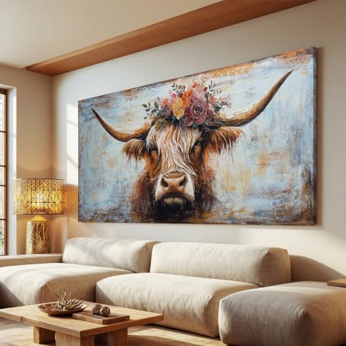 Highland Cow Canvas Wall Art Large 48x24 Inches - Rustic Living Room Decor - JYQ-N Variation