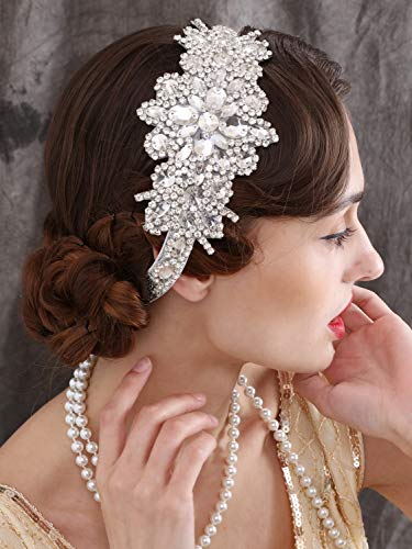 SWEETV Silver Rhinestone Flapper Headband 1920s Gatsby Hair Accessories for Women