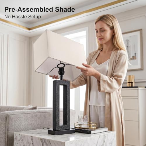 22-Inch Matte Black Textured Ceramic Table Lamps Set of 2 with Linen Shades - Modern Nightstand Lamps for Bedroom & Living Room - Variation: Matte Black-2Pack-22"