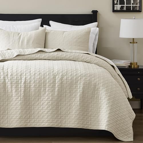 California King Cotton Quilt Set with Pillow Shams - Block Beige, Textured Oversized Bedspread