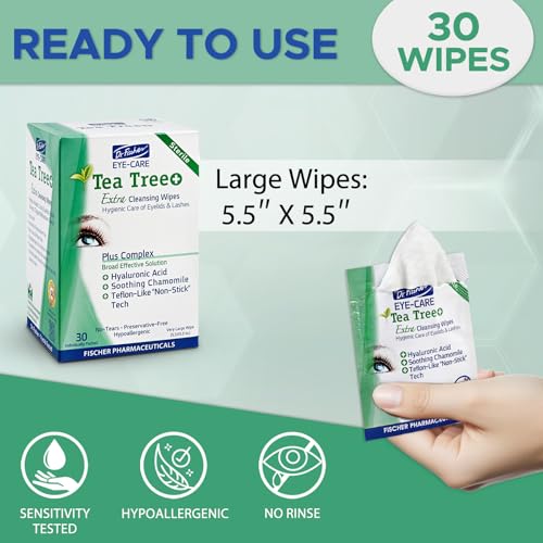 Dr. Fischer Tea Tree Eye Wipes with Hyaluronic Acid & Chamomile, 60 Wipes (Tea Tree / 30 Count Pack of 2)