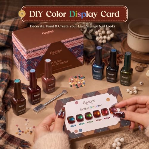 Beetles Mocha Sweater Cat Eye Gel Nail Polish Set, 6 Colors, 9ml - Brown Nude Gold Variation
