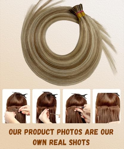 Human Hair Extensions Balayage Brown to Blonde 14 Inch 50g - Seamless I Tip, Ultra Soft, Long Hair