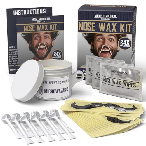Viking Revolution Nose Hair Waxing Kit for Men - Quick Kit Men with 24 Wax Sticks - Nose Hair Wax Kit Includes Mustache Sticker Guard and Post-Wax Calming Wipes with Aloe Vera (3.5 oz)