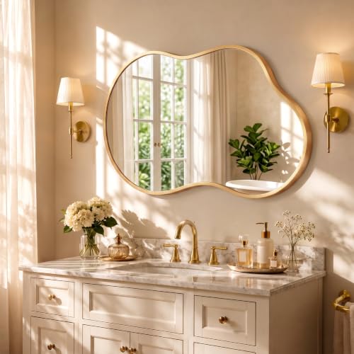 Rose Gold Bathroom Mirror for Over Sink 20x36 Inch Wall Mirror - Unique Asymmetrical Design