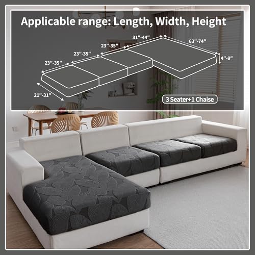 QIANMEW Dark Gray Leaf Pattern 3 Seat Covers + 1 Chaise L-Shaped Couch Cushion Covers (4pcs)