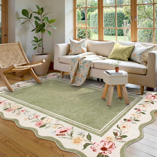5x7 Green Floral Scalloped Rug - Vintage Boho Area Rug for Living Room