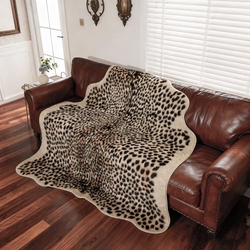 Beige & Black Leopard Print Rug 6.7x5.2ft Faux Animal Carpet Home Decor