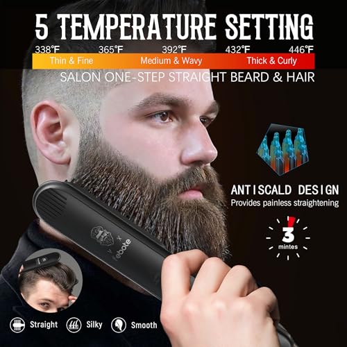 Men's Beard & Hair Straightener Kit with Natural Boar Bristle Brush, Pear Wood Comb & Travel Bag