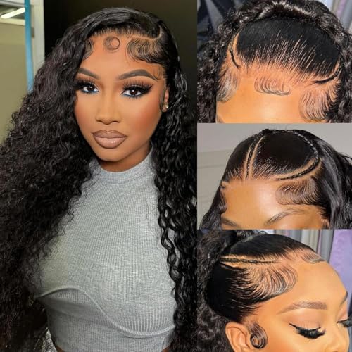20 Inch Deep Wave Lace Front Human Hair Wig 220% Density Black for Women