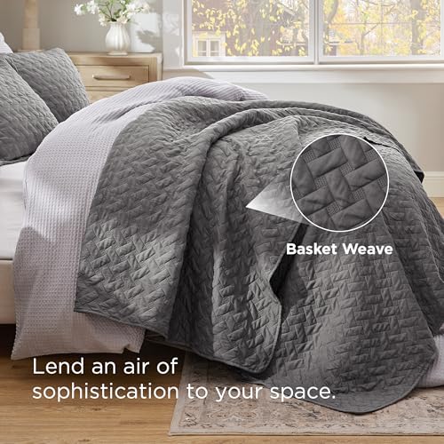 Bedsure Oversized King Quilt Set Grey - Lightweight Basket Weave Pattern Bedding