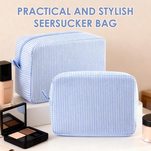 Sanwuta 6 Seersucker Cosmetic Bag Bulk Pinstripe Makeup Bag for Women Aesthetic Cute Travel Toiletry Organizer Preppy Storage Pouch for Wedding Bridesmaid Christmas Gift (Large,Light Blue)